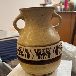Israeli Kibbutz made Handcrafted Ceramic Vase with Brown and Cream Tribal Band
